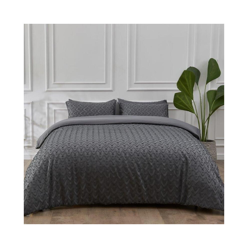 (Audie Charcoal, Single) Signature Duvet Quilt Cover Set Tufted Bedding Luxury Single Double King SuperKing Size Bed Soft Microfiber Charcoal Grey Whi