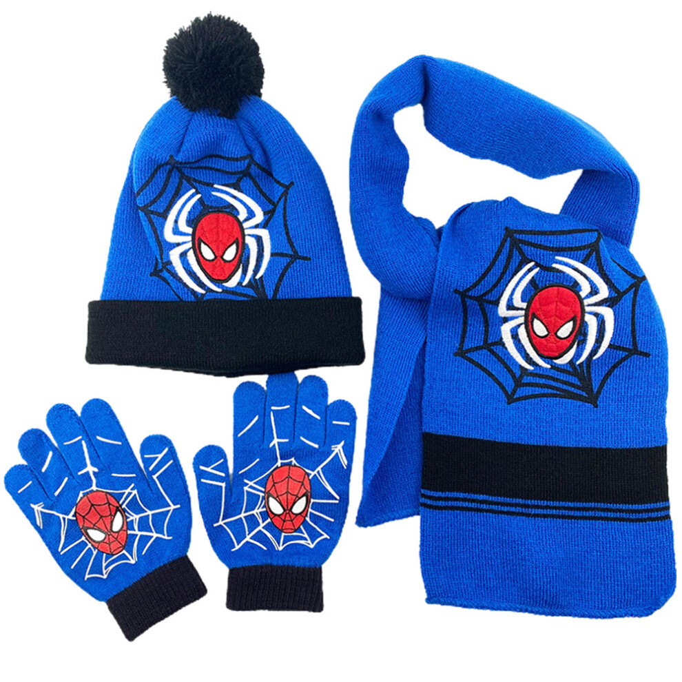 (B) Unisex Kids Boys Girls Spiderman Character Winter Warm Hat Scarf Gloves Set Beanie Hats Cap