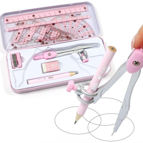Compass Set, 8-Piece Geometry Learning Set with Shockproof Outer Box for Secondary School, Pink Color