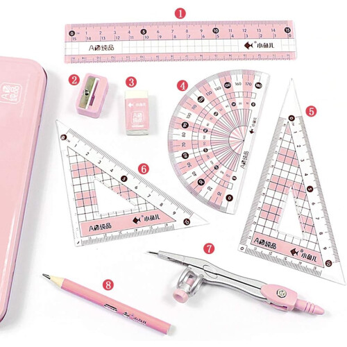 Compass Set, 8-Piece Geometry Learning Set with Shockproof Outer Box for Secondary School, Pink Color 1
