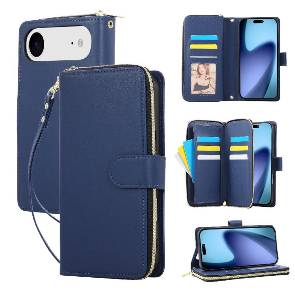 (Blue) Compatible With Iphone Air Wallet Case 9 Card Holder Pu Leather Magnetic Closure Crossbody And Wrist Strap Zipper Pocket Blue 764563174713