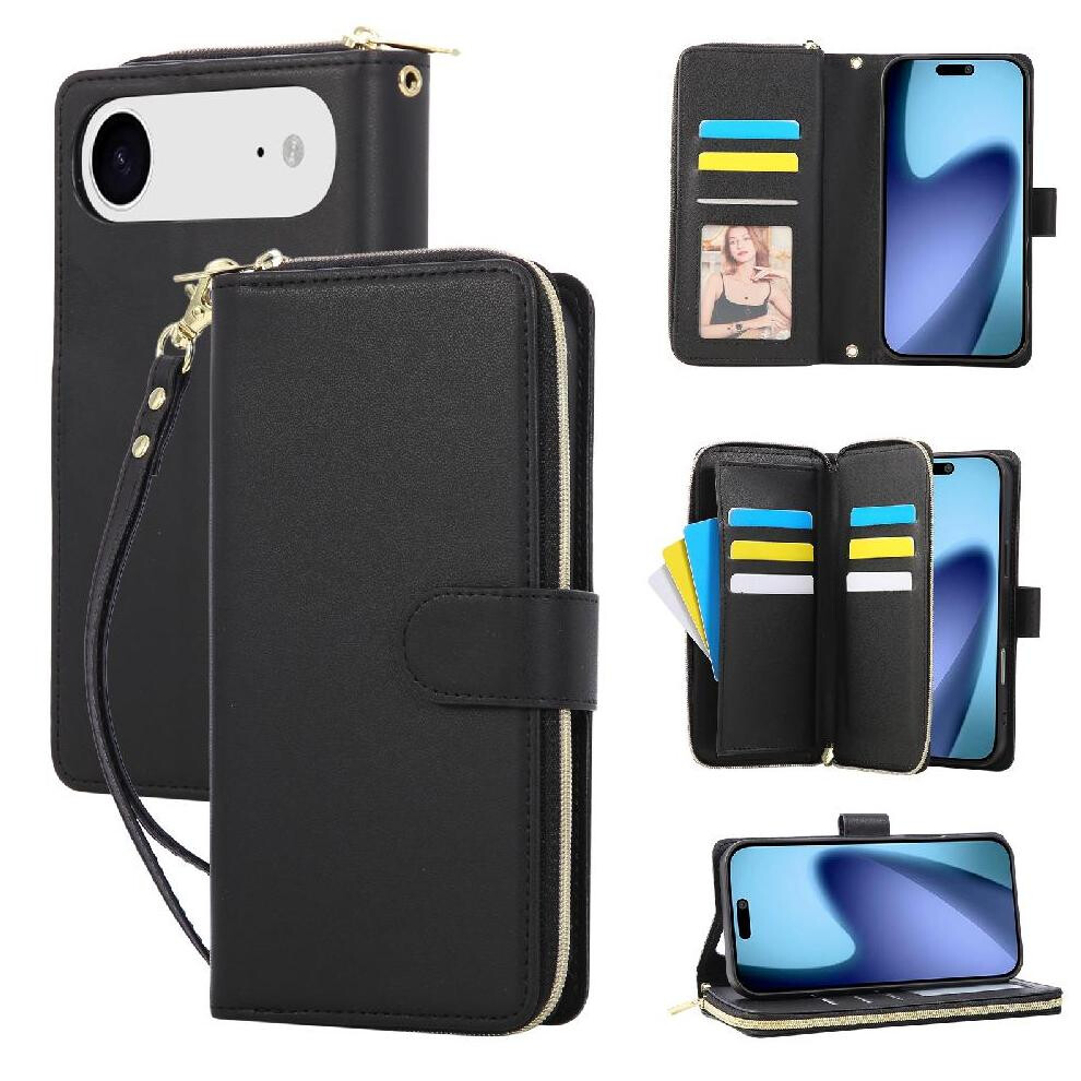 (Black) Compatible With Iphone Air Wallet Case 9 Card Holder Pu Leather Magnetic Closure Crossbody And Wrist Strap Zipper Pocket Black 764563174690