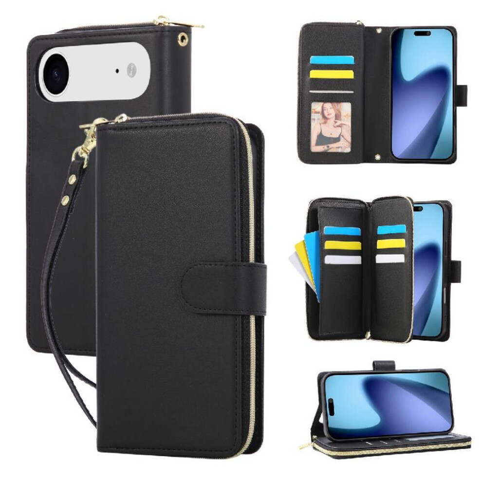 (Black) Wallet Case For Iphone Air Pu Leather Magnetic Closure 9 Card Holder Zipper Pocket Wrist Strap Black 764563175277