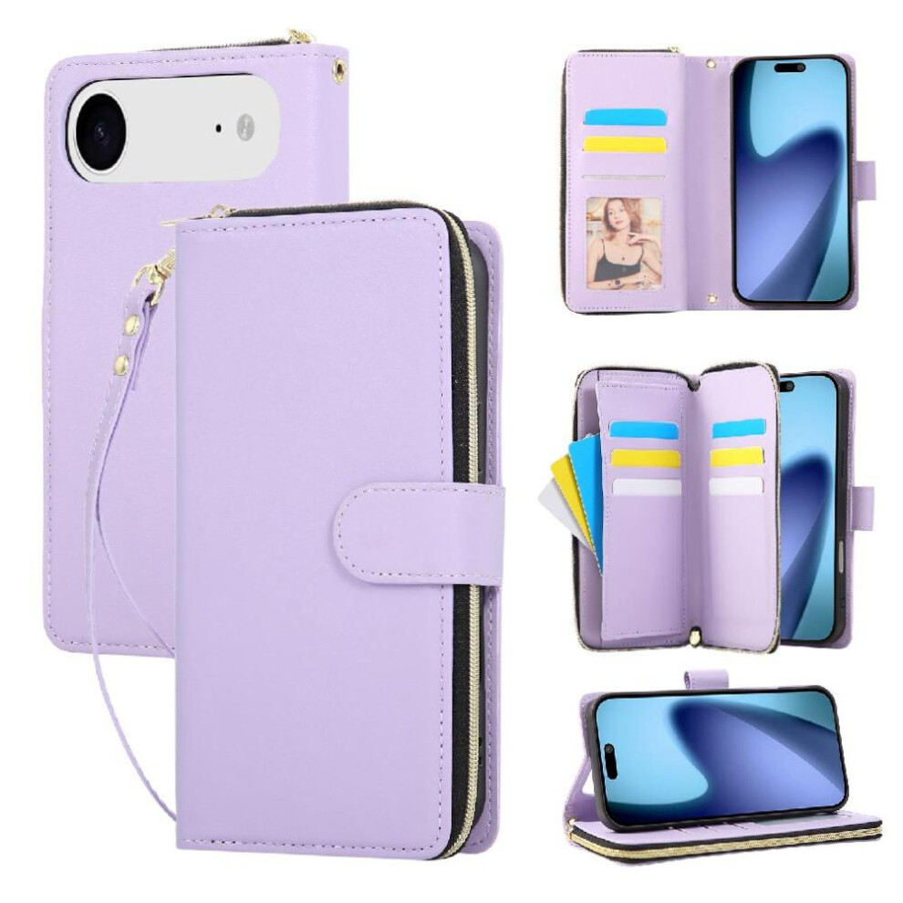 (Purple) Wallet Case For Iphone Air Pu Leather Magnetic Closure 9 Card Holder Zipper Pocket Wrist Strap Purple 764563175291