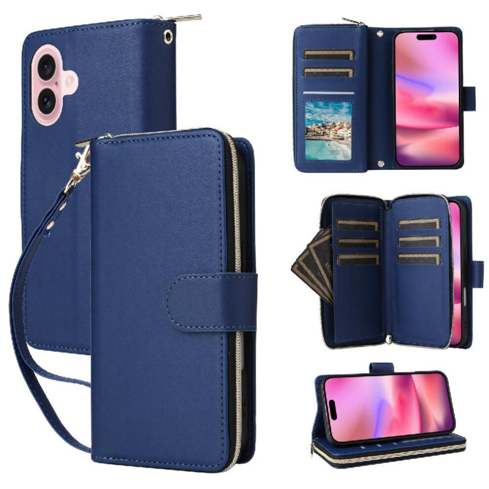 (Blue) Wallet Case For Iphone 17 Zipper Pocket Magnetic Closure Pu Leather 9 Card Holder Wrist Strap Blue 764563175406