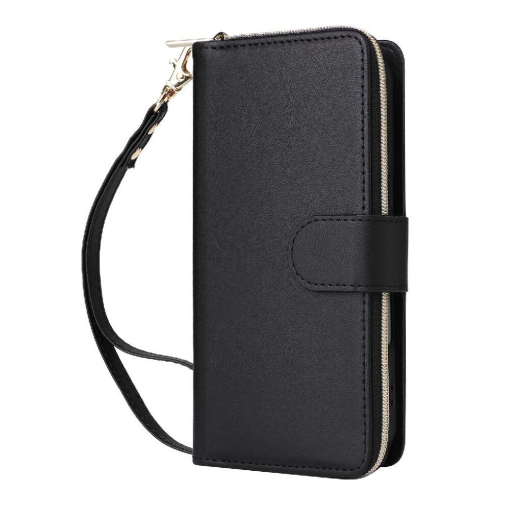 (Black) Wallet Case For Iphone 17 Zipper Pocket Magnetic Closure Pu Leather 9 Card Holder Wrist Strap Black 764563175345