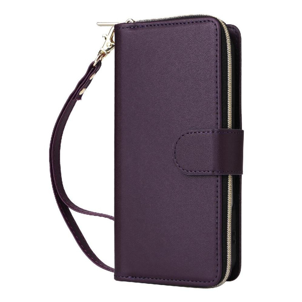 (Dark ) Wallet Case For Iphone 17 Zipper Pocket Magnetic Closure Pu Leather 9 Card Holder Wrist Strap Purple 764563175390