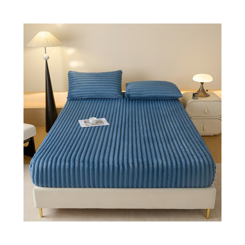 (Blue, 3pcs 200*220cm) Luxury Faux Rabbit Fur Striped Fitted Sheet 3-Piece Set Soft, Warm Solid Color Bedding, Premium Set-image-OPC-PJHRJTK-NEW