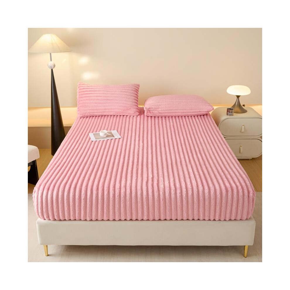 (Pink, 3pcs 160*200cm) Luxury Faux Rabbit Fur Striped Fitted Sheet 3-Piece Set Soft, Warm Solid Color Bedding, Premium Set-image-OPC-PJHRJXD-NEW