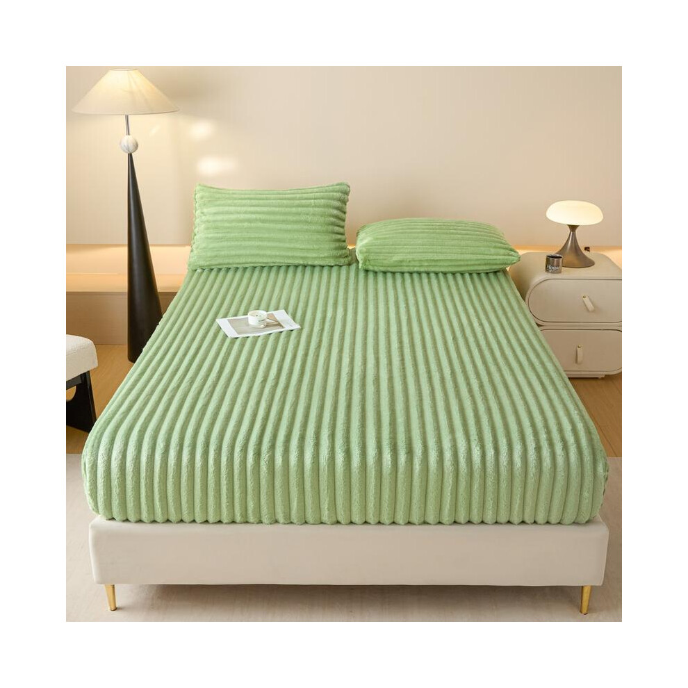 (Green, 3pcs UK-Double(135*190cm)) Luxury Faux Rabbit Fur Striped Fitted Sheet 3-Piece Set Soft, Warm Solid Color Bedding, Premium Set-image-OPC-PJHRJVT-NEW