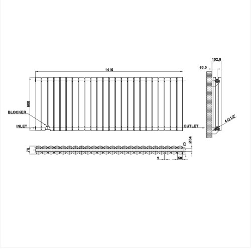 (600x1416mm Double Horizontal) SIMPLE BATHROOMS White Oval Column Radiators 2