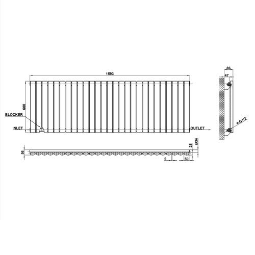 (600x1593mm Single Horizontal) SIMPLE BATHROOMS White Oval Column Radiators 2