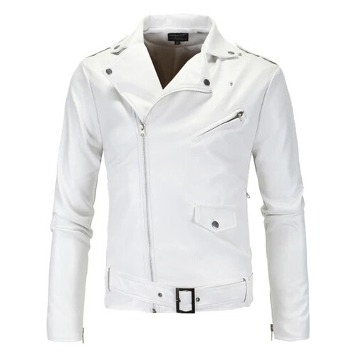 (White, UK XS=Tag S) Men's Leather Jacket Biker Jacket Fire Jacket Motorcycle Jacket Chopper Jacket