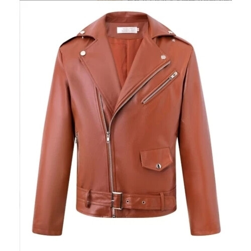 (Brown, UK L=Tag XL) Men's Leather Jacket Biker Jacket Fire Jacket Motorcycle Jacket Chopper Jacket