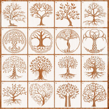 Tree Stencils Pack of 16, Tree of Life Reusable Painting Templates, 5.9 x 5.9 Inch Branch Stencils for Scrapbooking and Home Decor