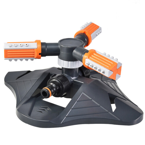Orange 3-Arm Rotating Lawn Sprinkler, 8-10m Coverage, 25cm 2