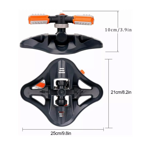 Orange 3-Arm Rotating Lawn Sprinkler, 8-10m Coverage, 25cm 1