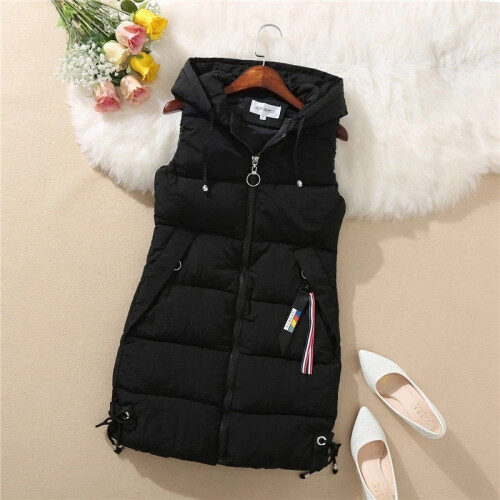 (Black, Tag 4XL=UK XL) LADIES WOMENS HOODED LONG LINE WARMER JACKET PUFFER GILET JACKET PADDED TOP BODY