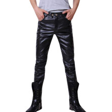 Men's Slim Fit Leather Long Trousers for Moto Bikers, Black XXL, Autumn Winter Style with Gift Sock