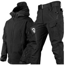 (Black, XL) Warm Hooded Jacket Mens Combat Waterproof Tactical Coat With PANT Set UK Outdoor