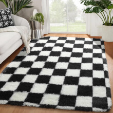 (BLACK & WHITE, 200 x 300 cm (6ft 7in x 9ft 6in)) Fluffy Shaggy Rug Modern Design Non Slip Soft Area Rugs for Living Room & Bedroom