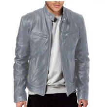 (Grey, Tag M = UK XS) UK Men Vintage Cafe Racer Brown Black Leather Casual Slim Fit Real Biker Jacket