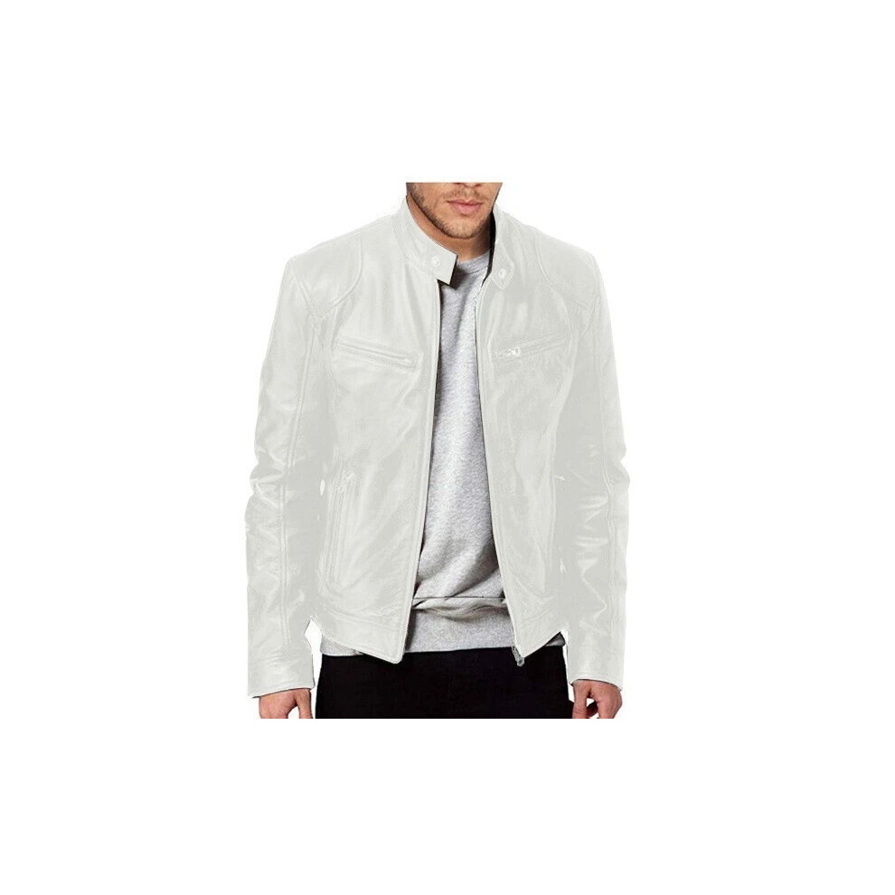 (White, Tag L = UK S) UK Men Vintage Cafe Racer Brown Black Leather Casual Slim Fit Real Biker Jacket-image-OPC-PJHTDFW-NEW