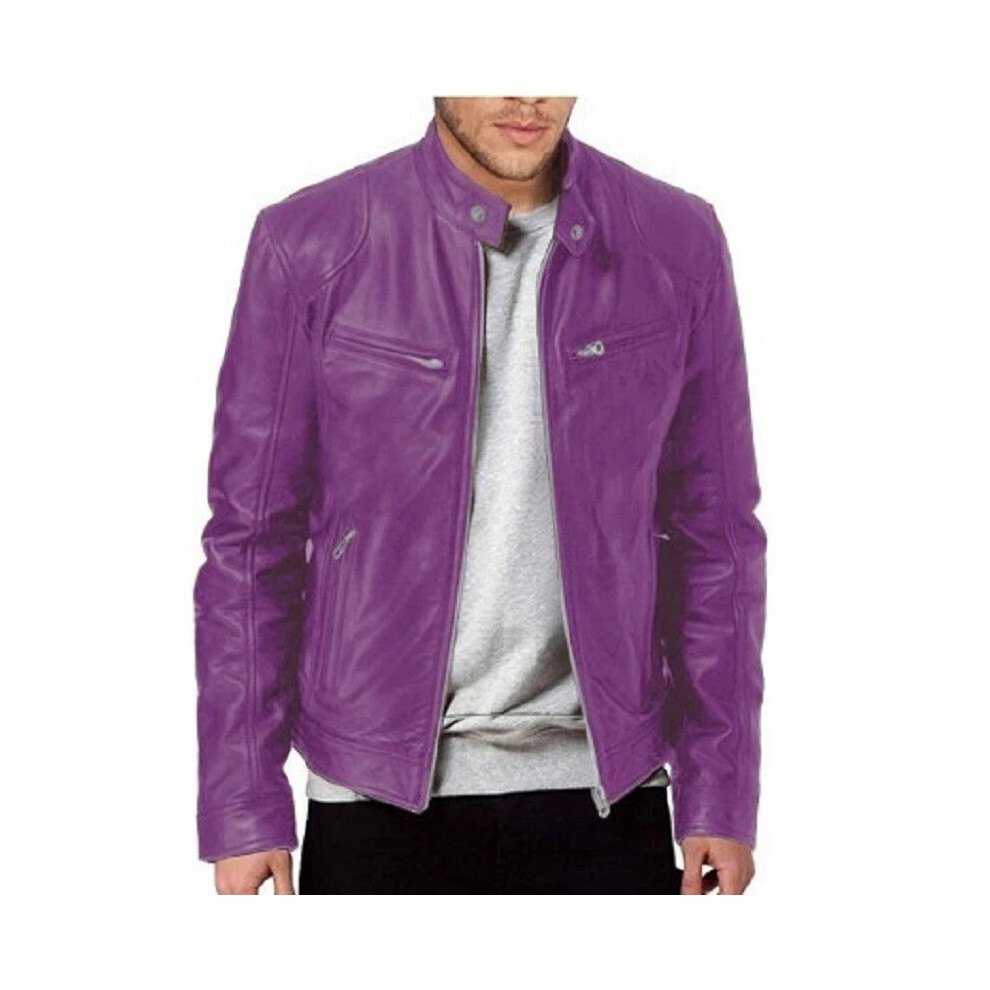 (Purple, Tag 5XL = UK 3XL) UK Men Vintage Cafe Racer Brown Black Leather Casual Slim Fit Real Biker Jacket-image-OPC-PJHTDDC-NEW