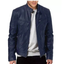 (Navy Blue, Tag 6XL = UK 4XL) UK Men Vintage Cafe Racer Brown Black Leather Casual Slim Fit Real Biker Jacket