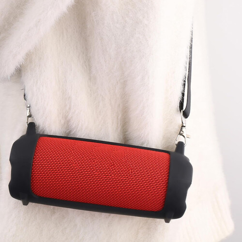 Silicone Speaker Case for Portable Bluetooth Speakers, Shockproof Cover with Adjustable Shoulder Strap, Black 1