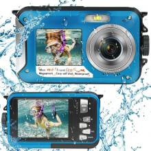 (Blue) HD368 2.7K 48MP Full HD Underwater Digital Camera 10FT Waterproof Dual Screen 16X Digital Zoom for Snorkelling Swimming