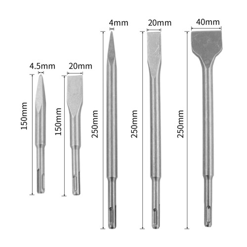 5PCS Impact Drill Chisel Set, 40Cr Steel, 26cm Flat & Point Bits 1