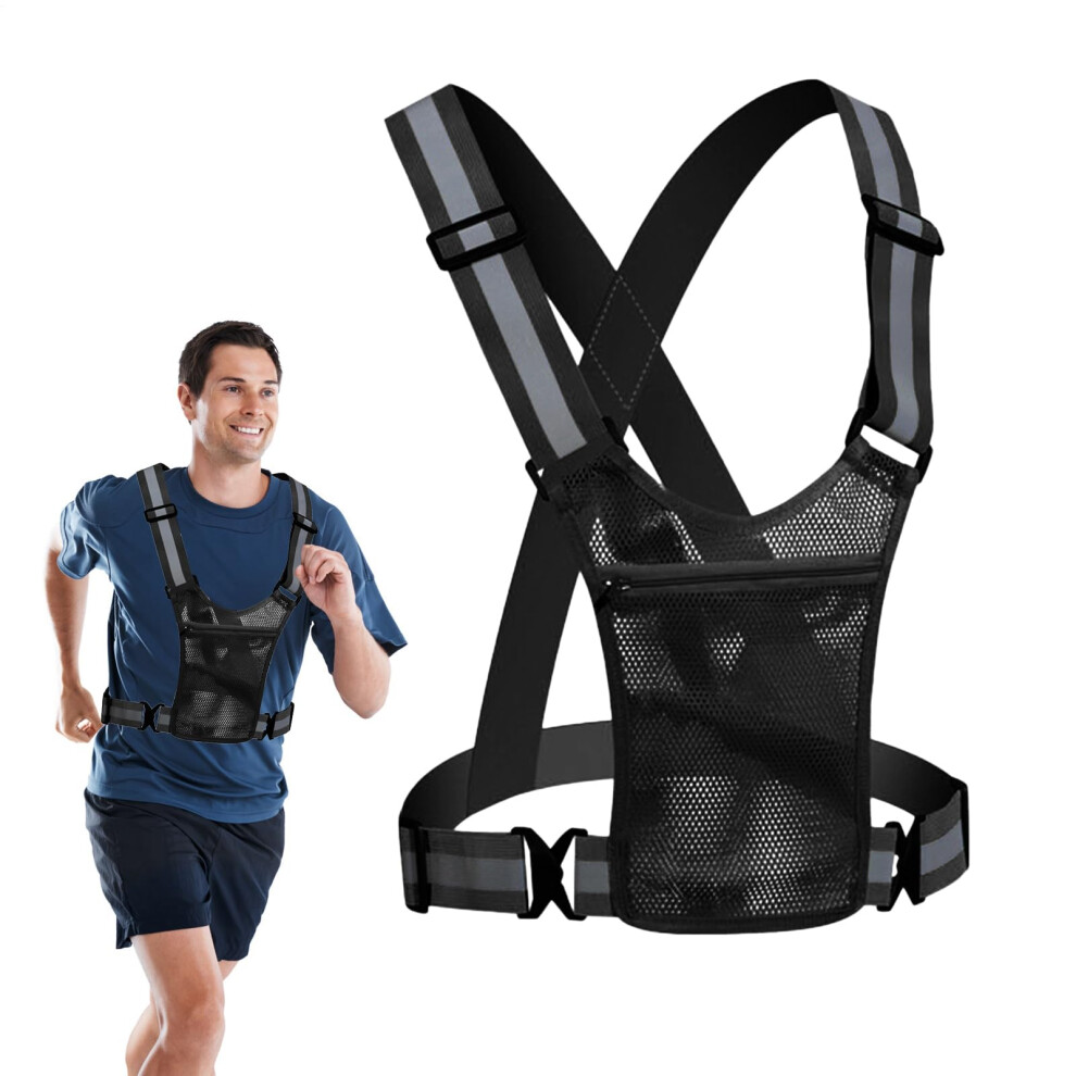 Reflective Running Vest - Lightweight Safety Gear With Phone Pocket, Adjustable Reflector For Jogging, Cycling, Walking, Night Exercise, Black 6276012357348