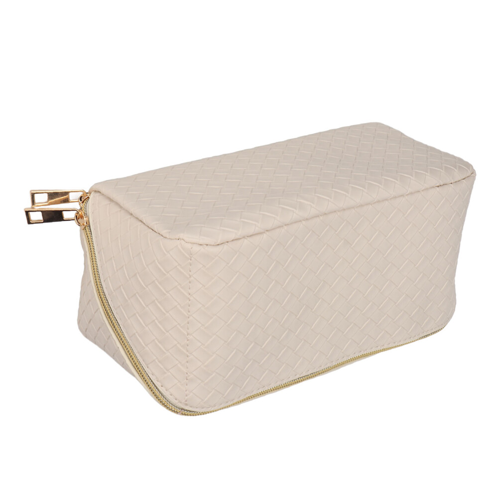 White Pu Leather Woven Makeup Storage Bag, Zipper Closure, Travel Cosmetic Pouch