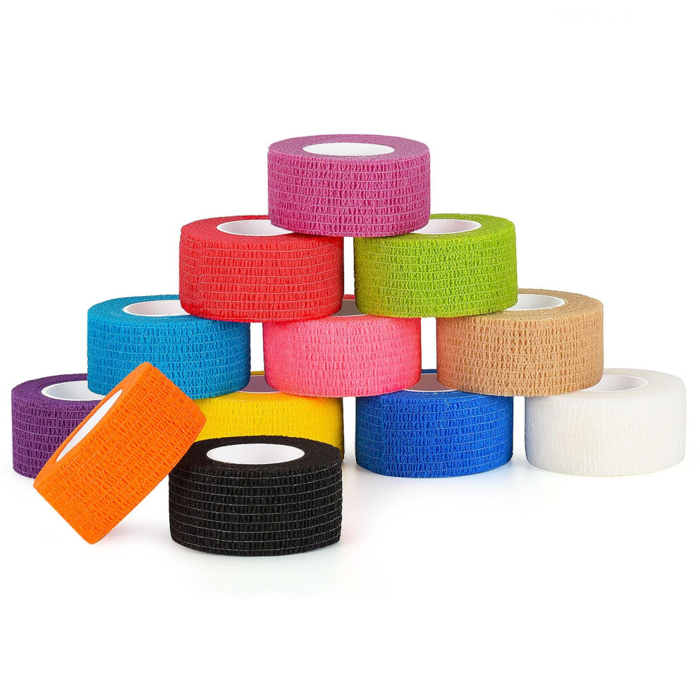 Self-Adhesive Bandage 2.5 cm x 4.5 m - 12 Rolls Elastic Cohesive Bandage for First Aid and Finger Fixation Mixed Colours