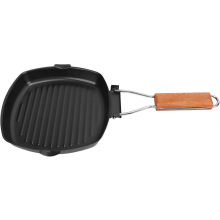 Steak Frying Pan, Wooden Handle Portable Folding Frying Pan Fine Workmanship Cast Iron Anti-Scald with Oil Leakage Hole for Dining Room