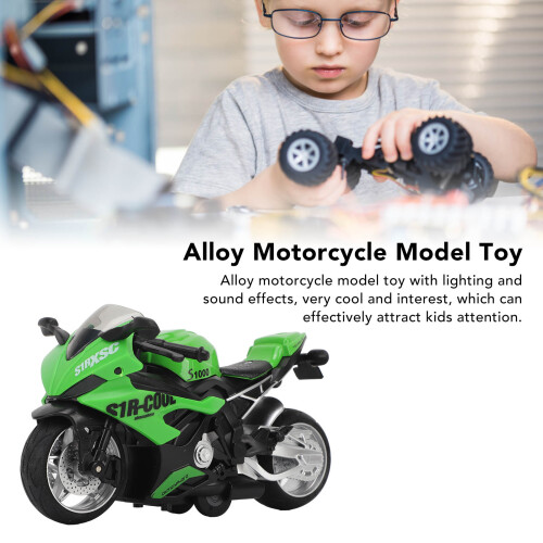 Green Kids Motorcycle Toy with Pull Back Function Sound & Light Effects Alloy 2