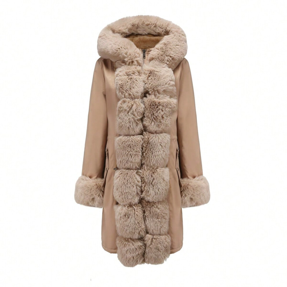 (Khaki, XXXL) Winter cotton coat for women with detachable fur collar, mid-length long-sleeved parka, solid color, hooded, warm cotton coat