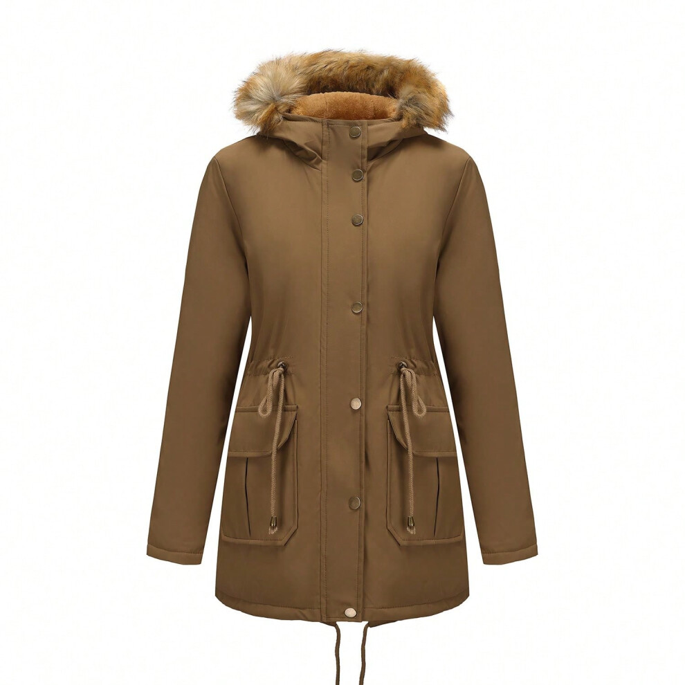 (Khaki, XL) 2025 new autumn and winter plus velvet parka with hood and fur collar waisted mid-length thickened cotton coat for women-image-OPC-PJHVP2M-NEW