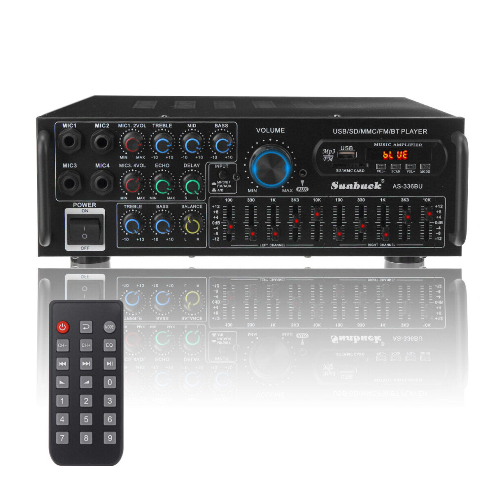 (UK Plug) 12V 2000W 4 Way Microphone Input Amplifier Audio Stereo Digital Radio USB SD AMP FM DVD Remote Control Bluetooth 5.0 Car Home-image-OPC-PJHVVQR-NEW