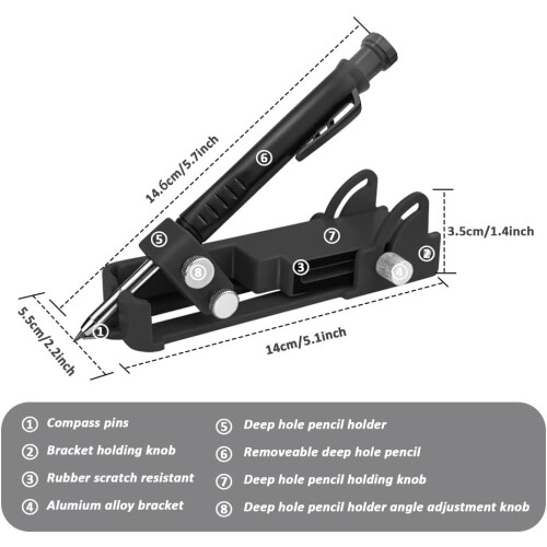 Multifunctional Scribing Tool for Woodworking, Black Construction Pencils with Compass and Contour Gauge, Includes Refills 1