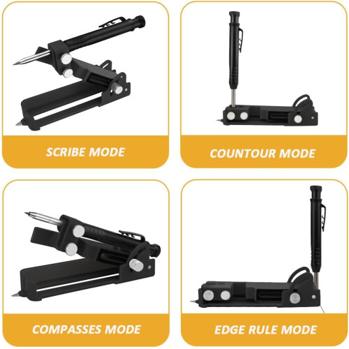 Multifunctional Scribing Tool for Woodworking, Black Construction Pencils with Compass and Contour Gauge, Includes Refills 2