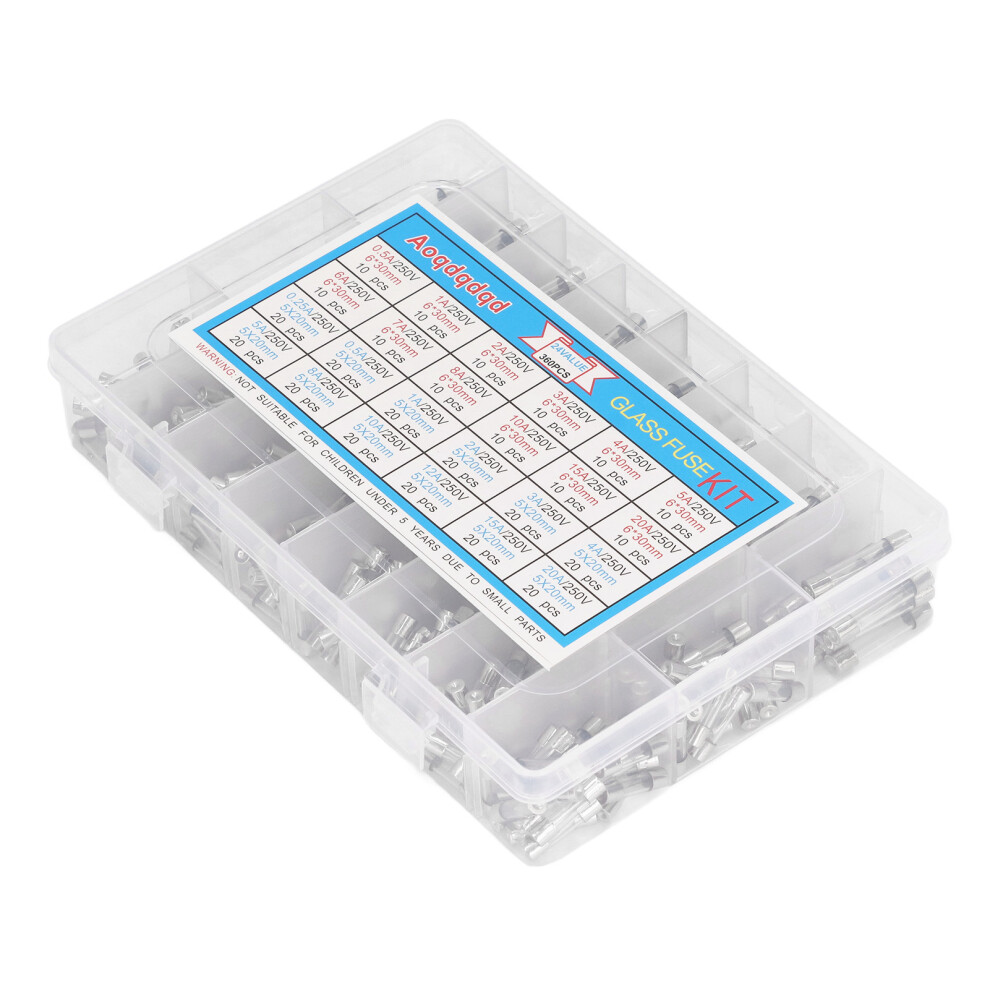 Glass Fuse Tube Assortment: 360Pcs 0.25A-20A Circuit Safety 6X30mm & 5X20mm 8061339119148