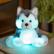 (Gray) Glowing Husky Dog Plush with Blue Eyes Illuminated Stuffed Animal, Soft Night Light for Youngsters & Adults, Halloween & Christmas Gift