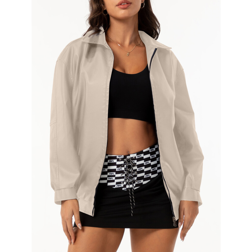 (off white, XL) Fashionable and popular loose leather jacket for women OVERSIZE women's jacket long sleeve lapel spring and autumn coat