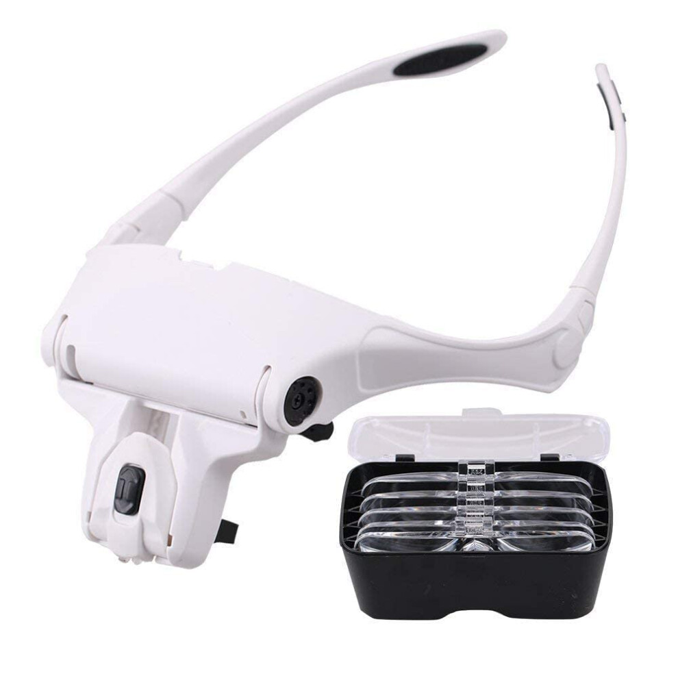 LED Illuminated Magnifying Glasses for Glasses Wearers, Adjustable Head Magnifier with 5 Interchangeable Lenses