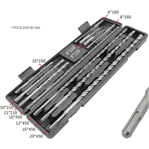 SDS Plus Hammer Drill Bit Set 11 Pieces Tungsten Carbide Tips 5-20mm Masonry Drill Bits with Tool Case 1