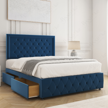 (Blue, 4ft6" Double) Lena Divan Bed Base with Mattress, 26in Headboard & 2 Drawers Upholster Bed Plush Velvet
