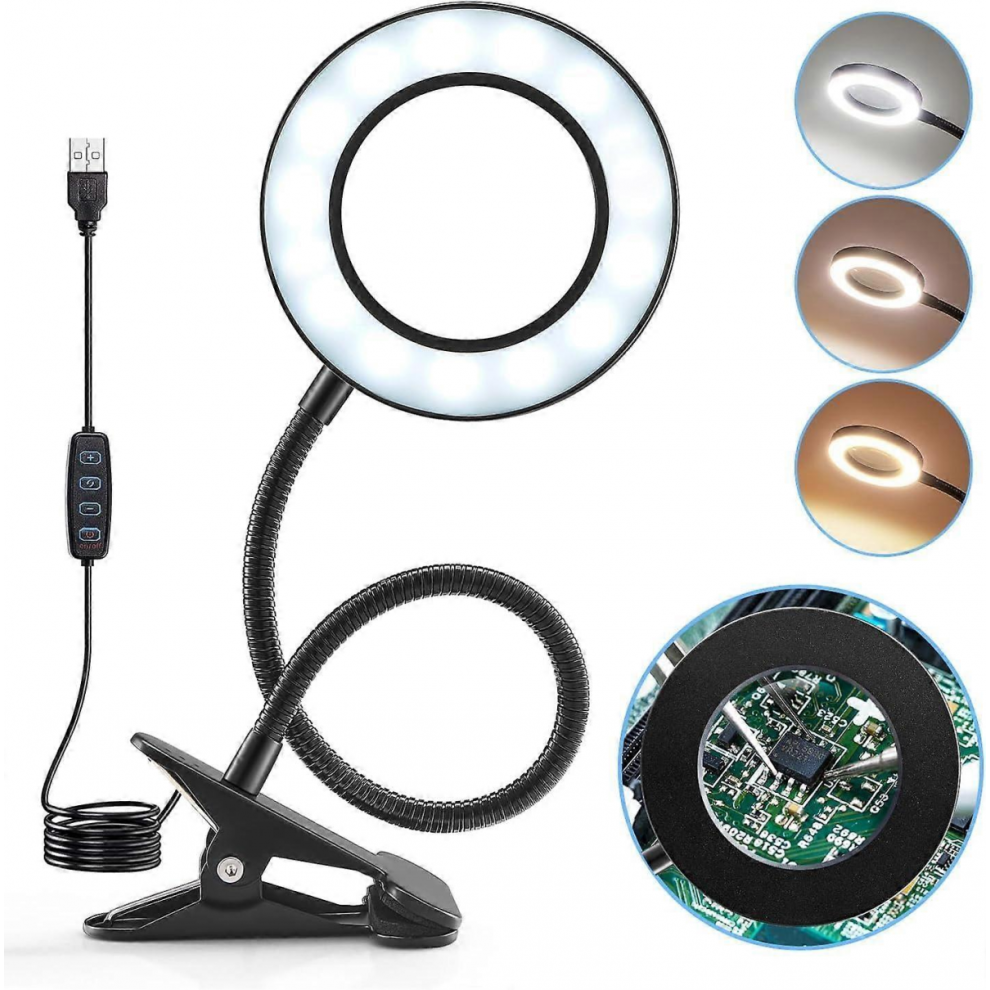 5X Magnifying Lamp, 360 Flexible Reading Magnifier Lamp, 3 Colors 10 Brightness LED Desk Lamp, Dimmable USB Clamp Lamp Stand Magnifier Lamp, Portabl