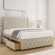 (Cream, 4ft6" Double) Lena Divan Bed Base with Mattress, 26in Headboard & 2 Drawers Upholster Bed Plush Velvet